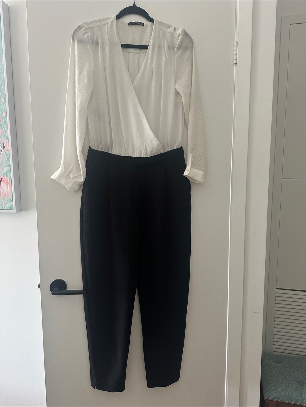 Mango Black Trousers with White Wrap-Front Top Jumpsuit